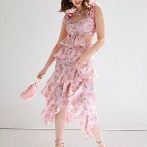 Pink Boho Women's Floral Print Cut Out Ruffle Hem Asymmetrical Flowy Dress